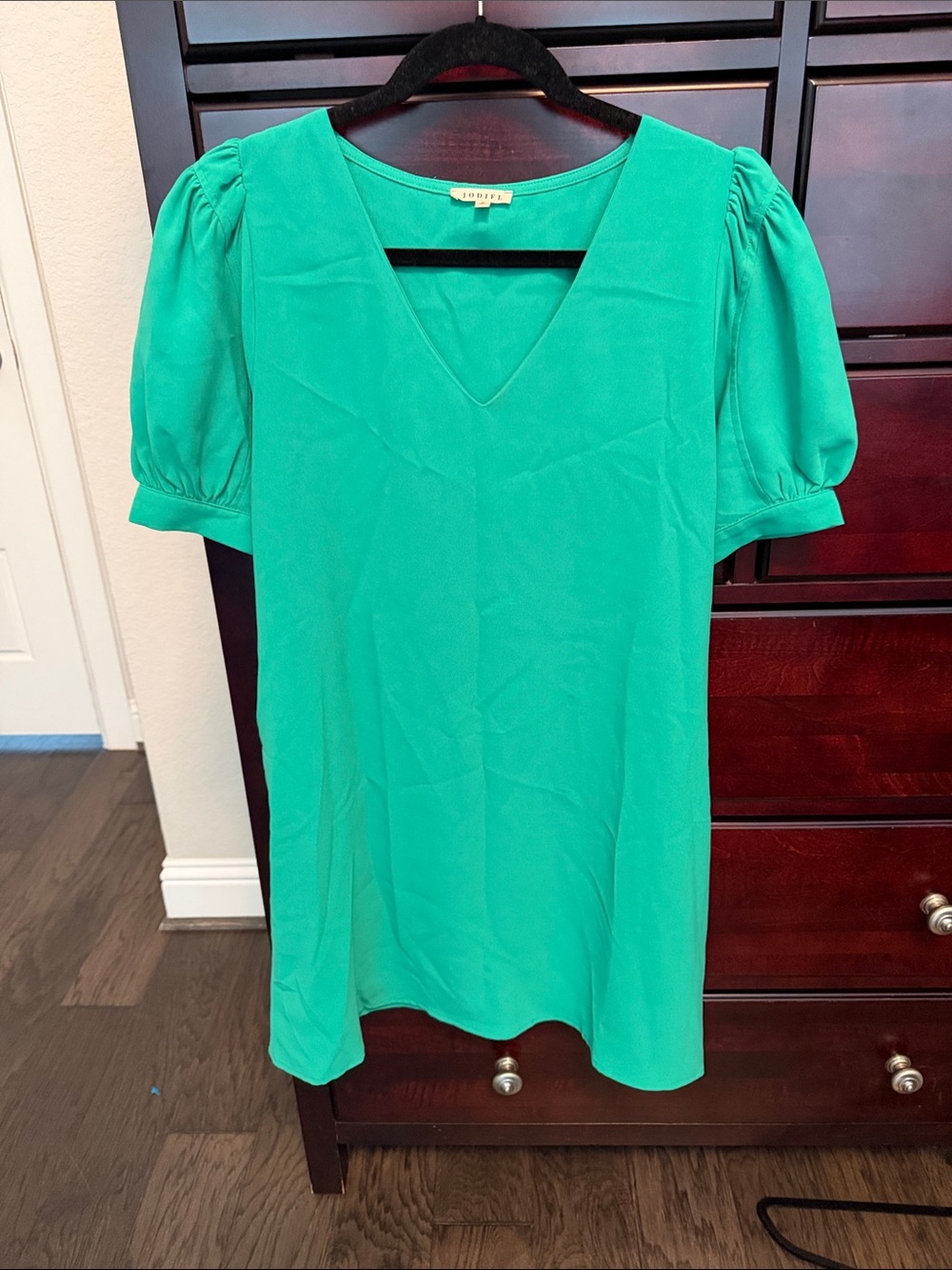 JODIFL Teal Green Puff Sleeve V-Neck Dress